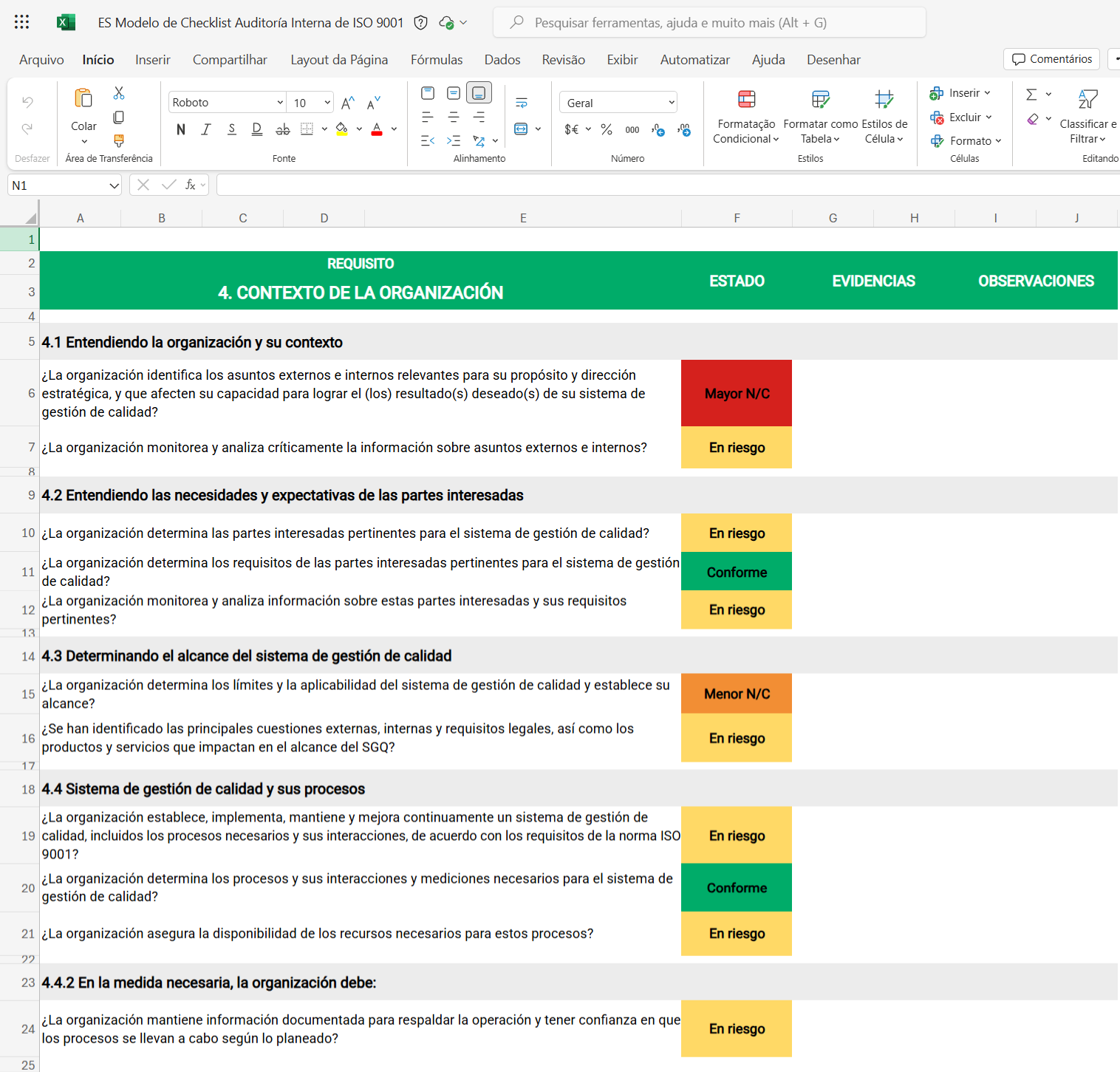 Modelo de Checklist para Auditoría Interna de ISO 9001
