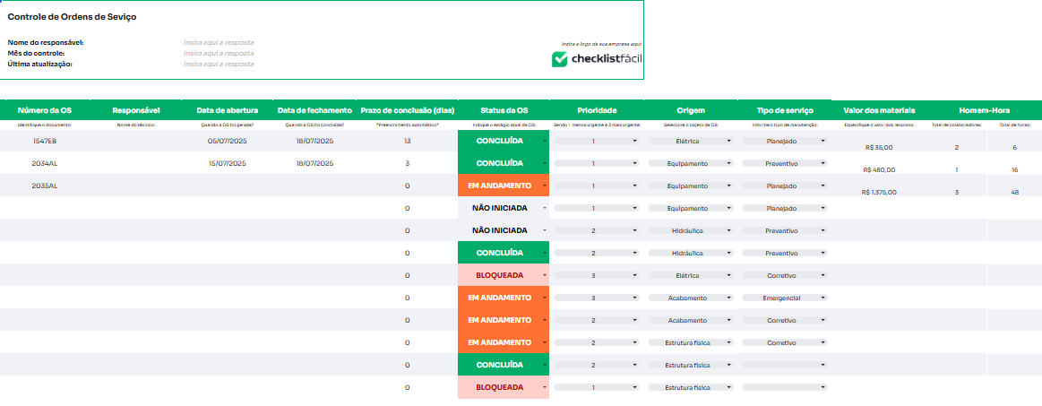 Planilha para ordem de serviço