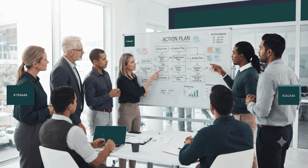 Grupo trocando ideias e sugestões para elaboração de um plano de ação que melhore a qualidade no atendimento