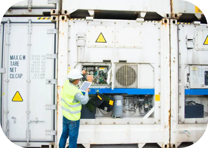 Homem usando capacete branco, colete refletivo amarelo e calça jeans segura um tablet com uma das mãos e toca em um painel elétrico aberto com a outra. O painel contém fios, circuitos e componentes internos e está fixado em um grande contêiner branco com áreas de ferrugem e marcas de uso. Ao lado do painel há uma grade de ventilação metálica e, abaixo, tubulações e equipamentos mecânicos. Na lateral esquerda do contêiner há inscrições em azul indicando pesos e medidas, e acima do painel há placas amarelas triangulares de advertência. O homem está de costas, posicionado de pé diante do contêiner