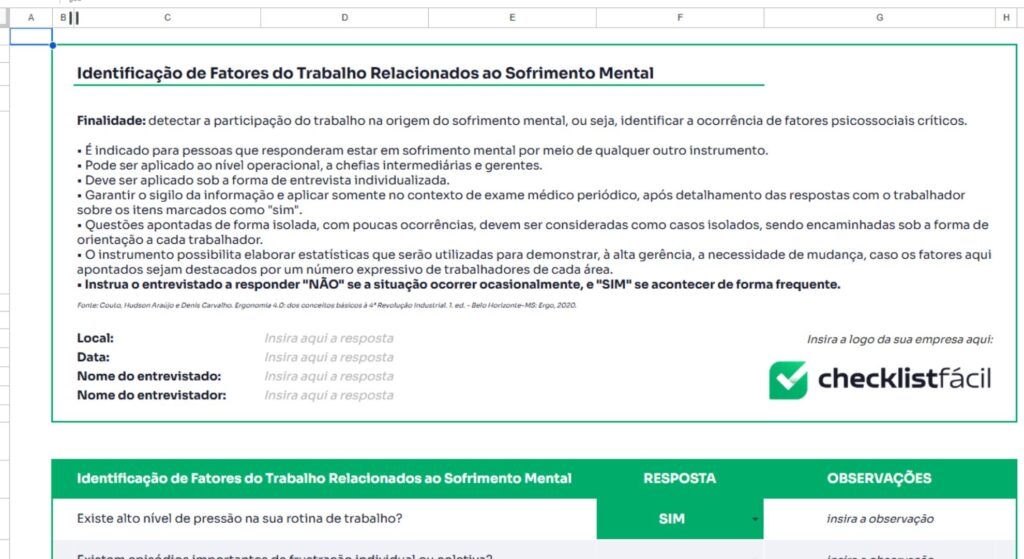 modelo de checklist para análise de riscos psicossociais
