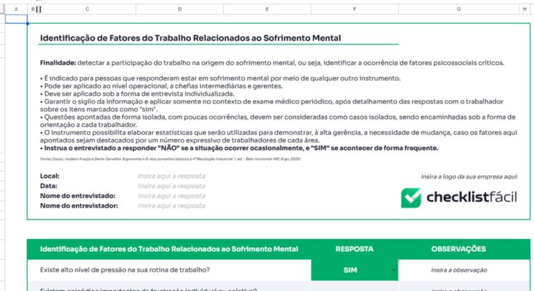 modelo de checklist para análise de riscos psicossociais