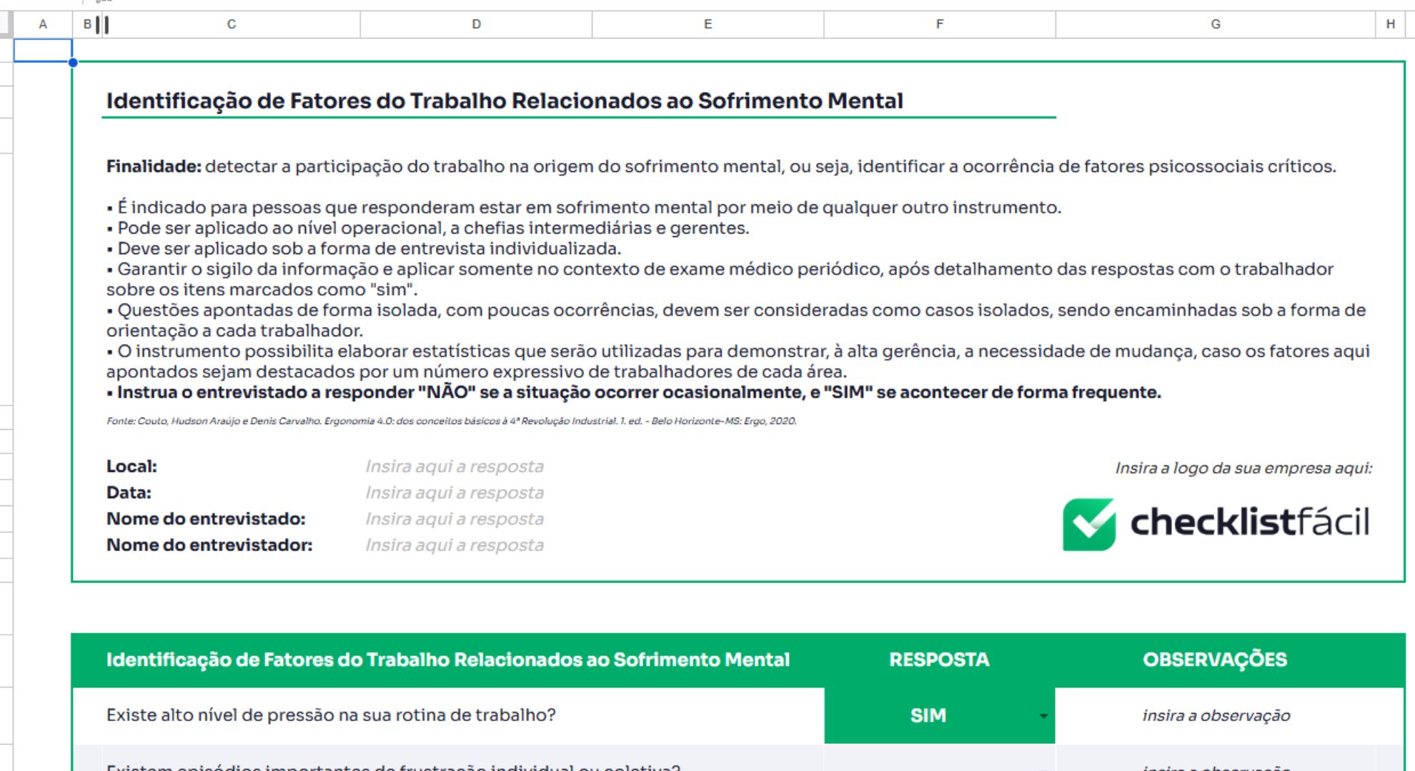 modelo de checklist para análise de riscos psicossociais