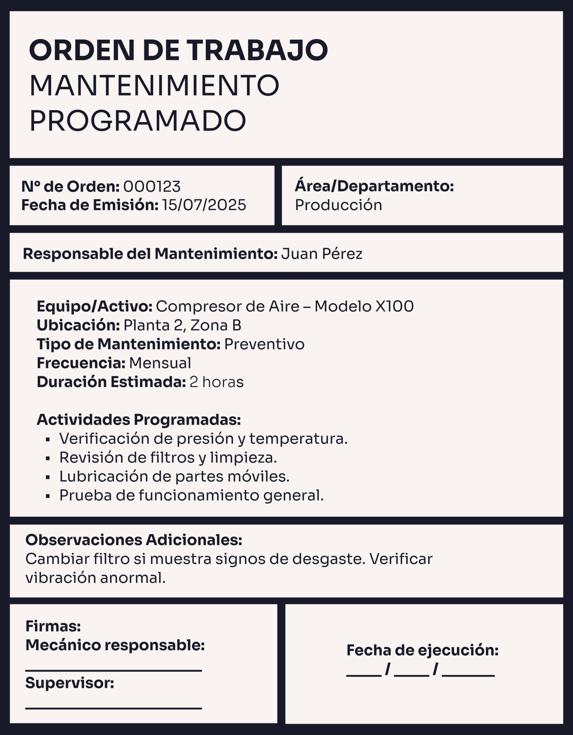Ejemplo de Orden de Trabajo