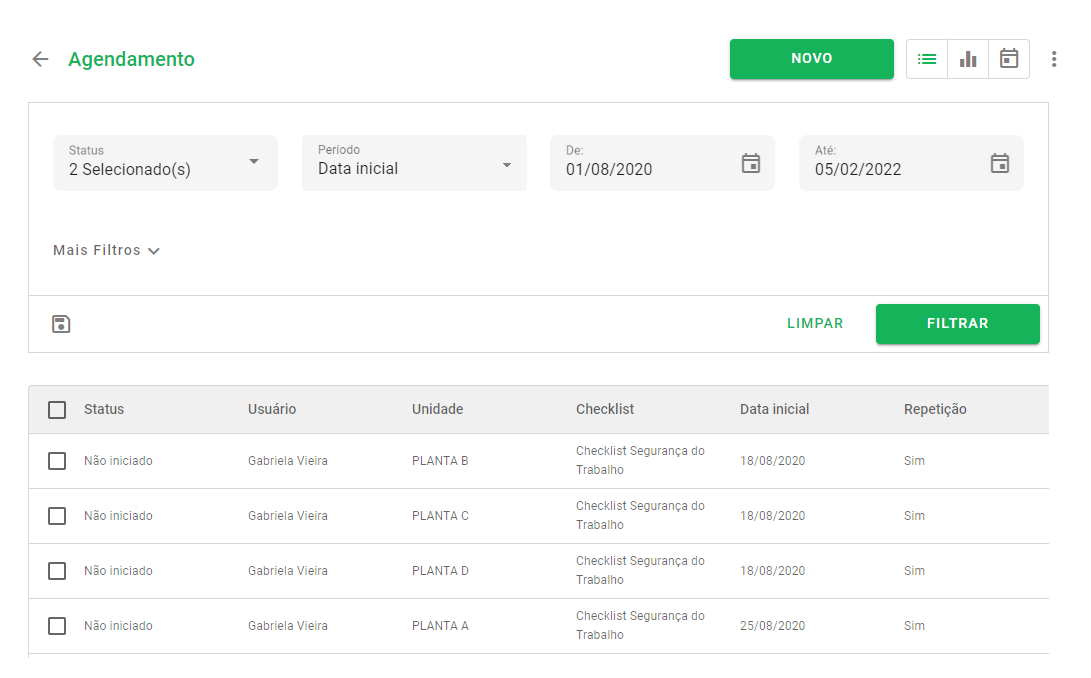 Exemplo de agendamentos software Checklist Fácil