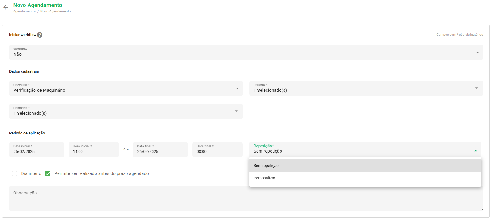 Agendamento de visita no Checklist Fácil