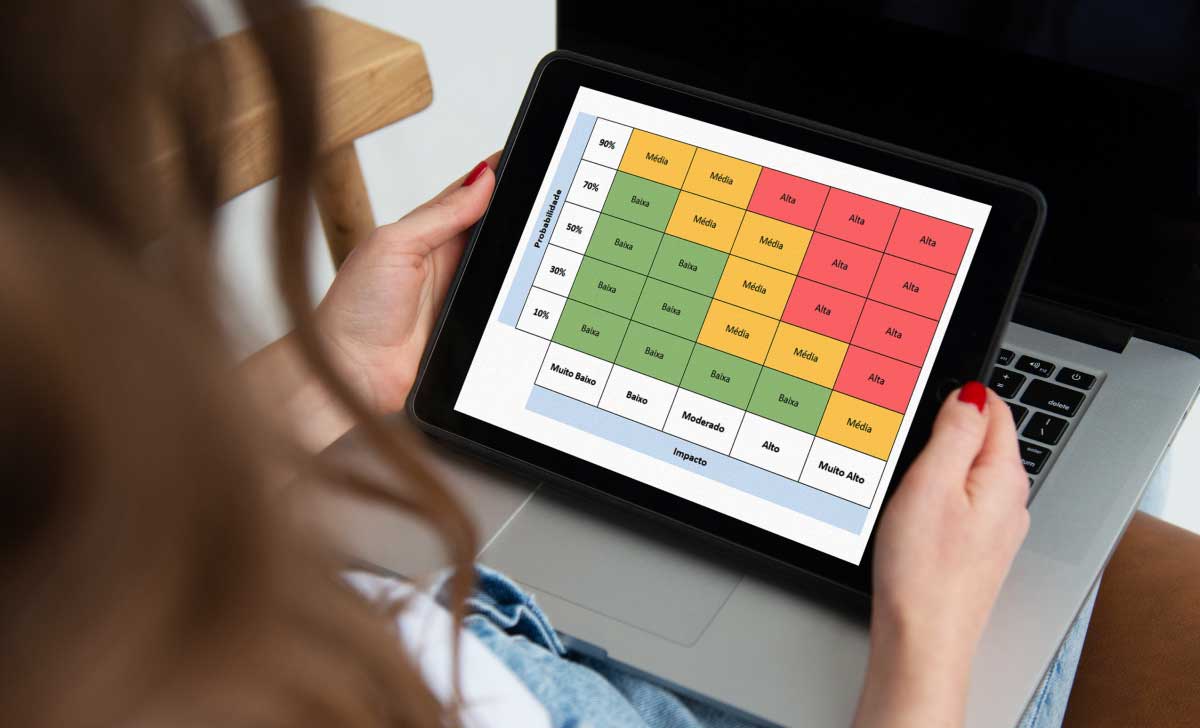 mulher segurando um tablet com uma matriz de risco na tela