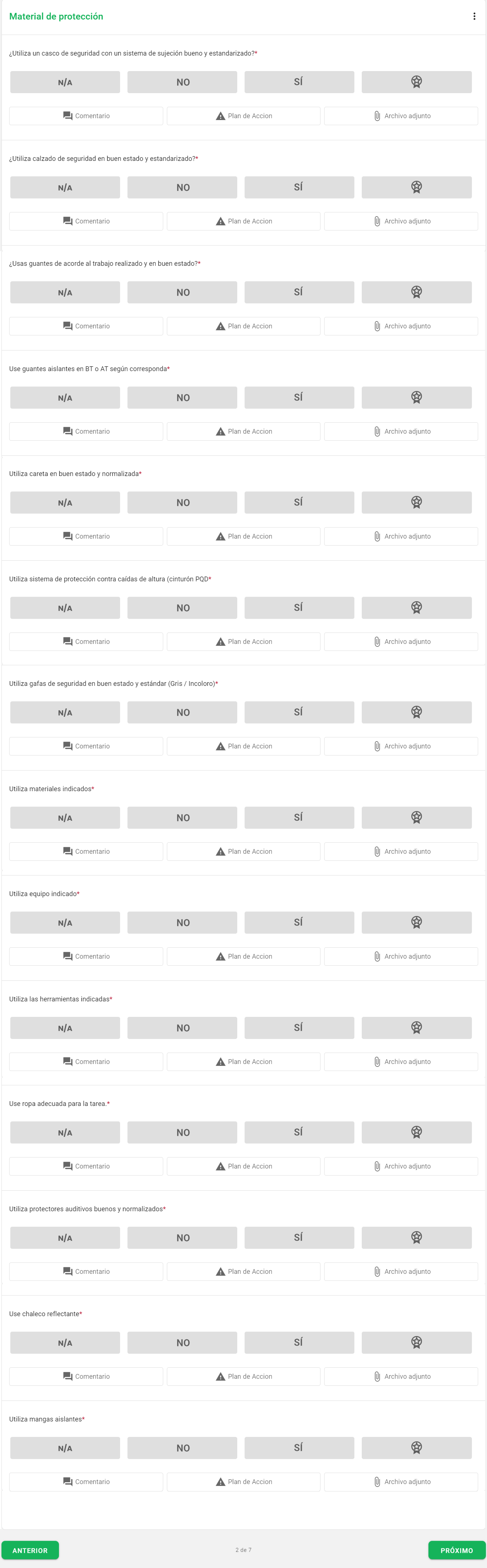 Pantalla mostrando un checklist de inspección de EPP en la herramienta Checklist Fácil