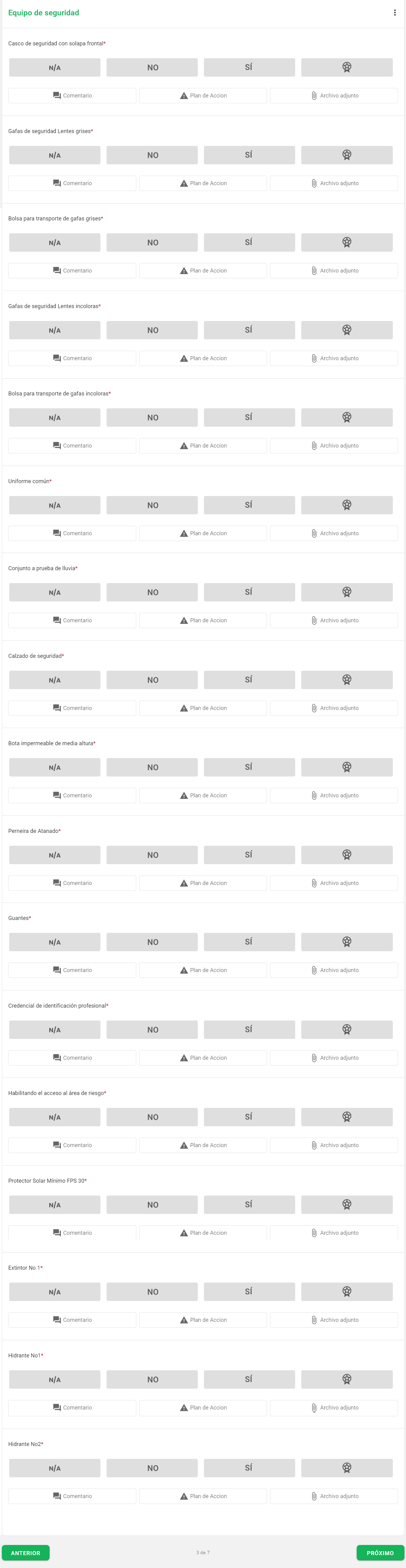 Pantalla mostrando un checklist de inspección de EPP en la herramienta Checklist Fácil