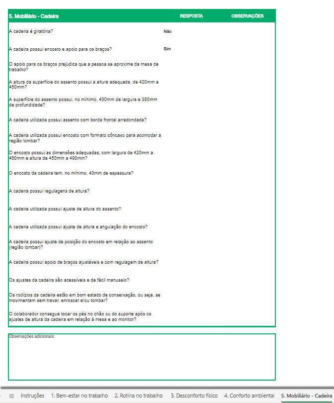 Modelo de checklist com itens de checagem de ergonomia em escritórios