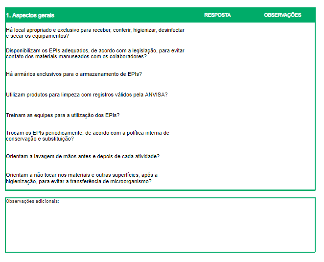 modelo de checklist para higienização de EPIs