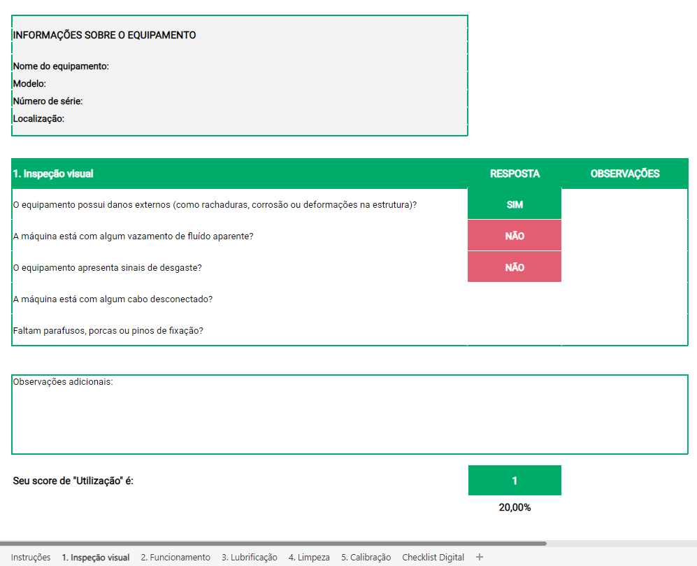 Amostra de um checklist com itens de inspeção para avaliar equipamentos