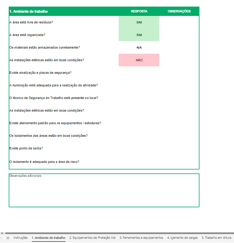 Modelo de checklist com itens para inspeção de saúde e segurança do trabalho