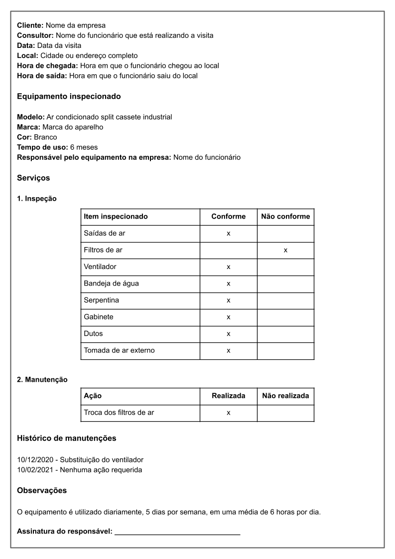 Exemplo de relatório técnico mostrando o resultado de uma inspeção de equipamento de ar condicionado