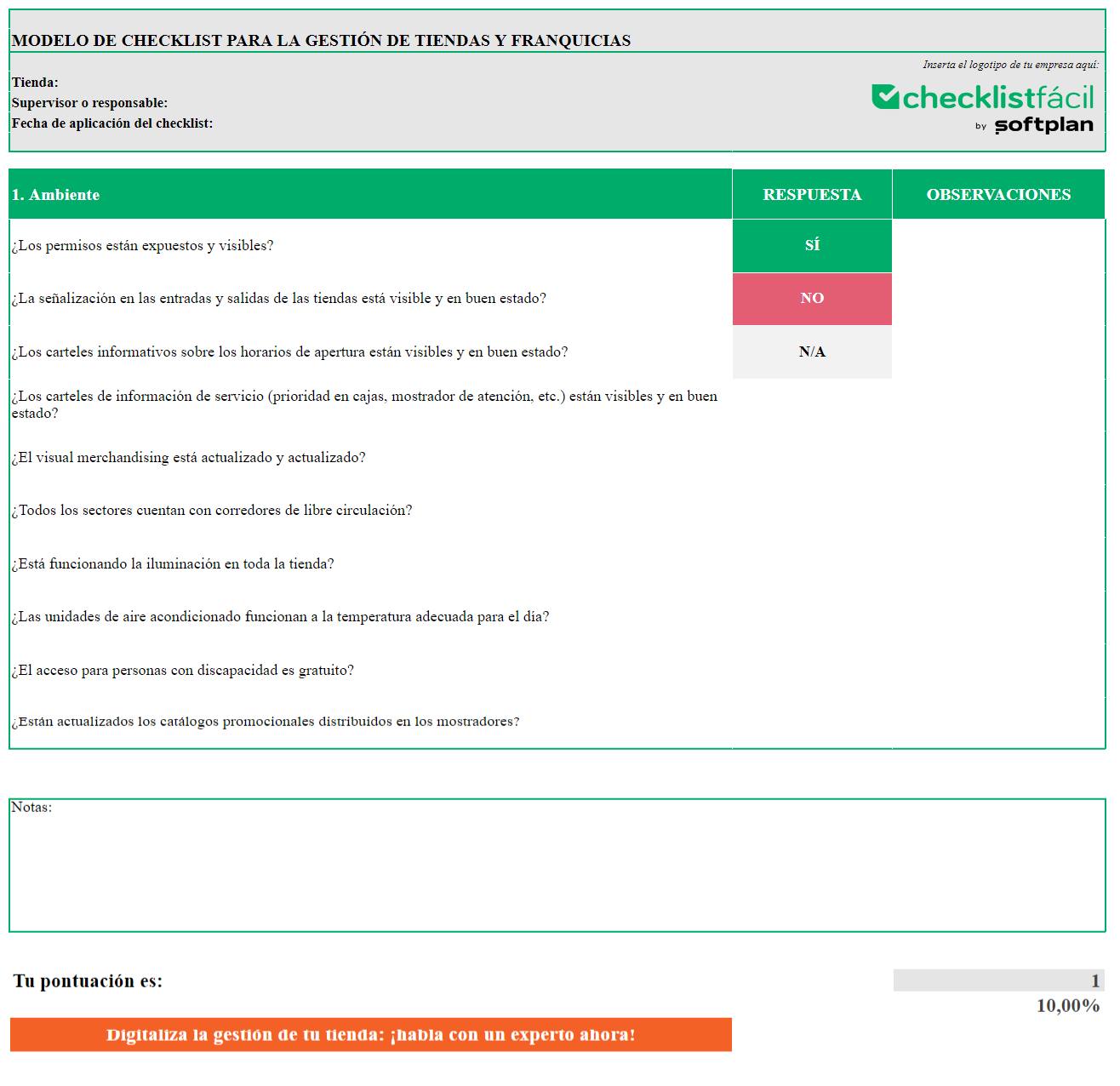 Ejemplo de Modelo de Checklist para la Gestión de Tiendas y Franquicias.