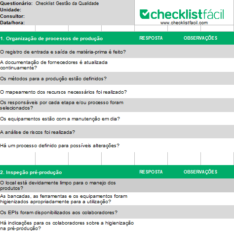 modelo de checklist de controle de qualidade
