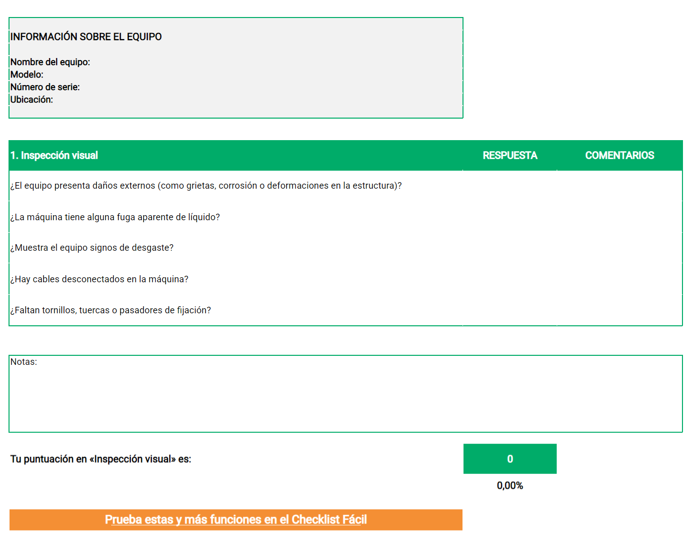 Ejemplo de Modelo de Checklist para Mantenimiento de Equipos