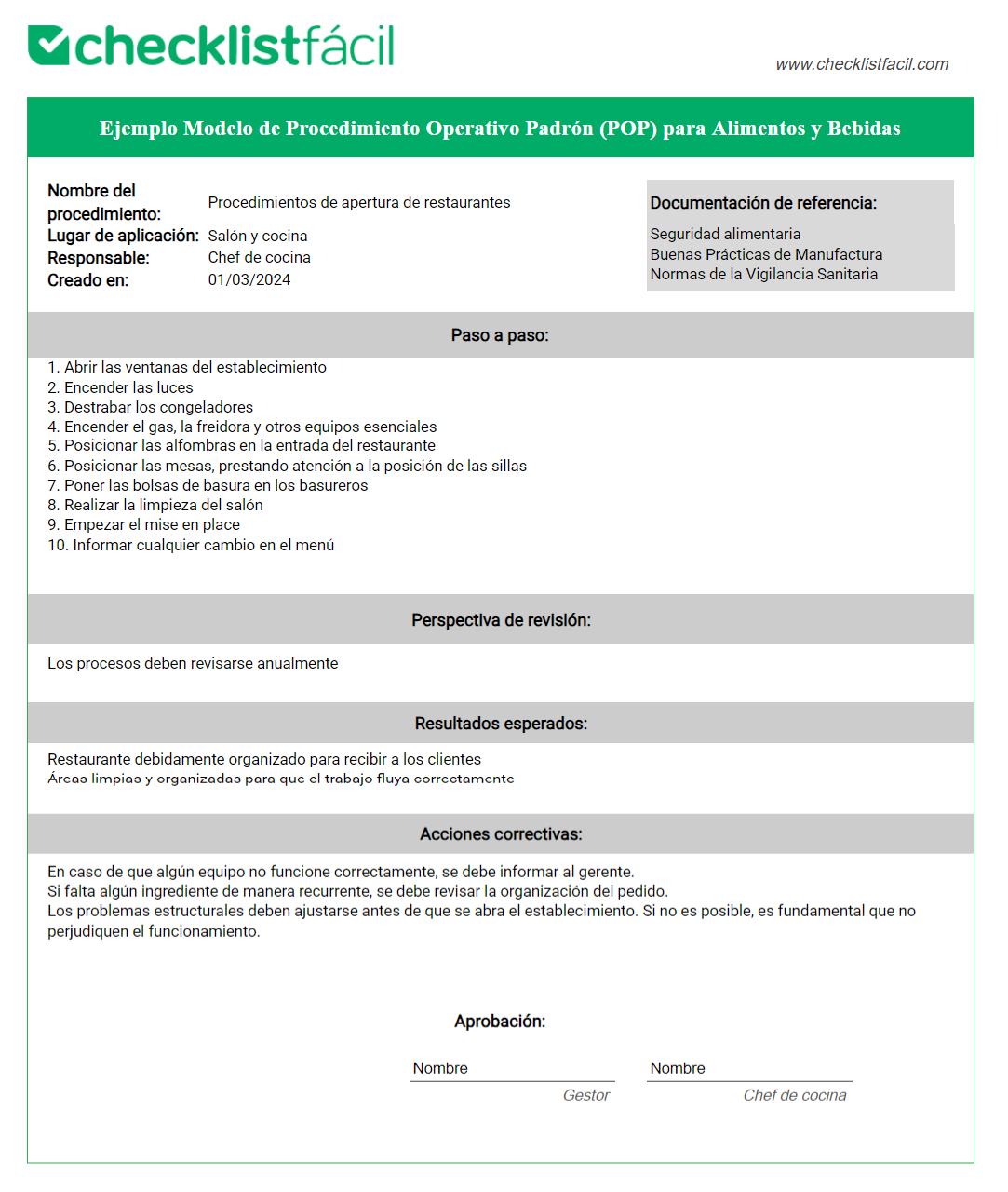 Ejemplo de Procedimiento Operativo Estándar aplicable en un contexto de Alimentos y Bebidas.