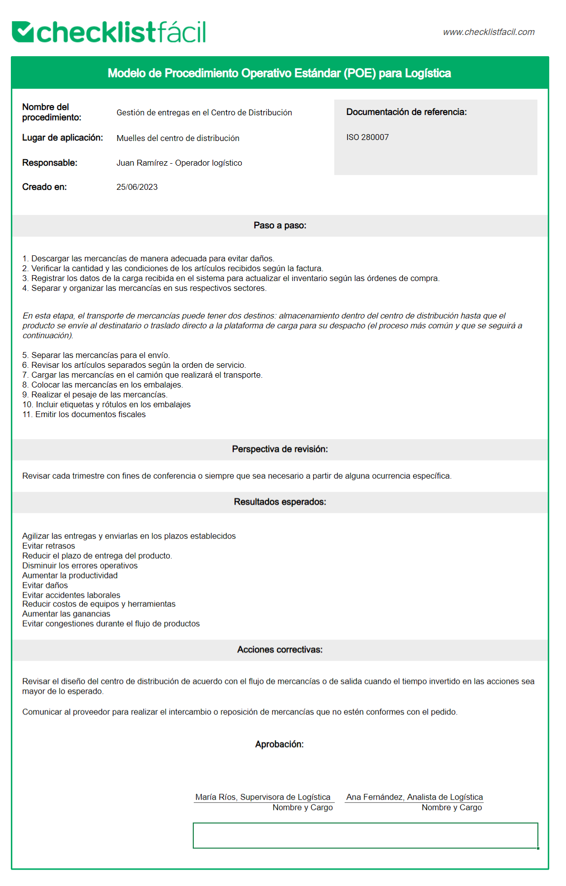Ejemplo de Procedimiento Operativo Estándar aplicable en un contexto de Logística. 