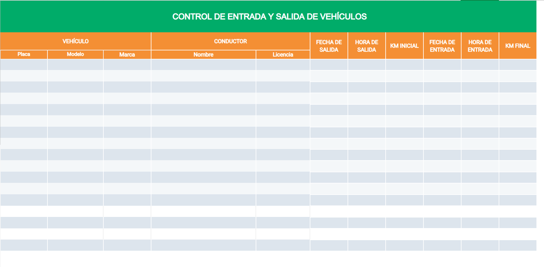 Plantilla para control de entrada y salida de vehículos
