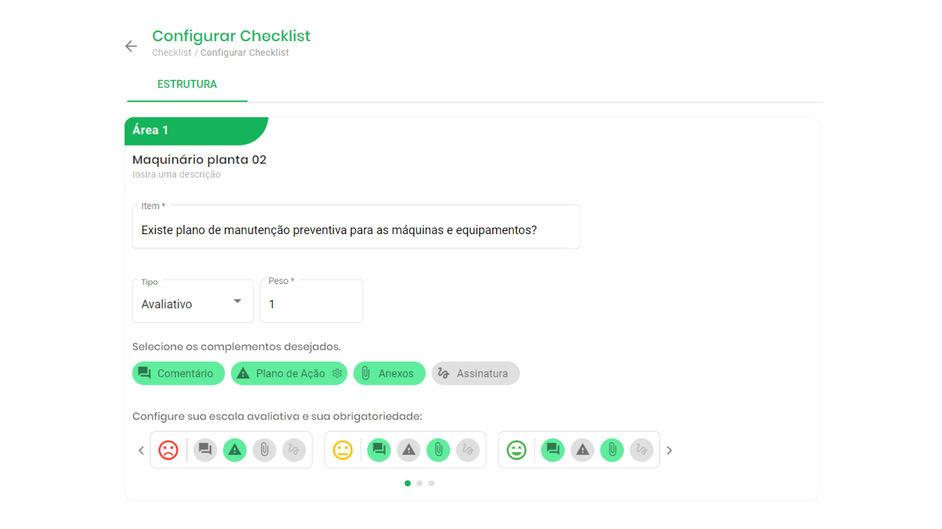 Exemplo de configuração de um checklist