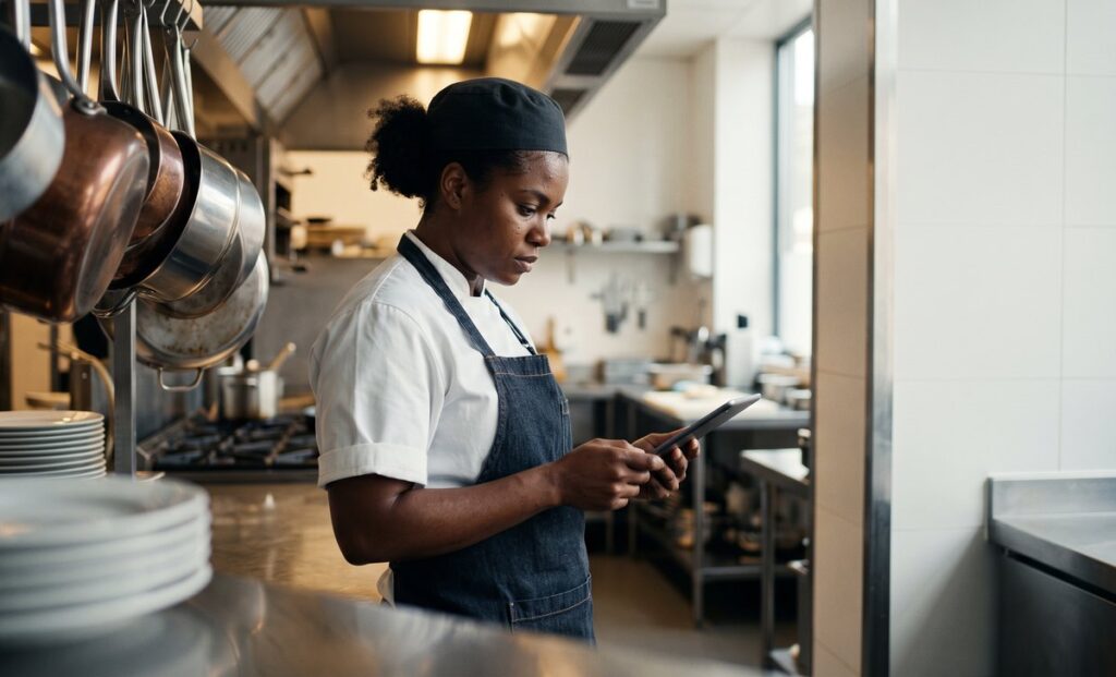 Chef conferindo checklist em tablet na cozinha de um restaurante